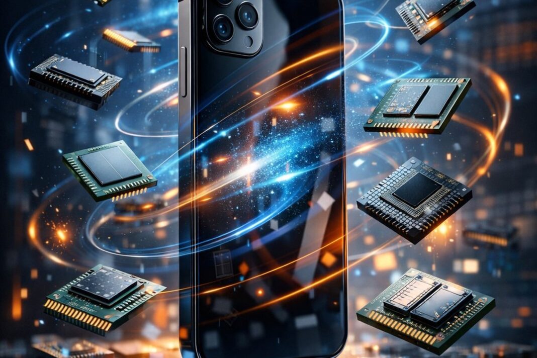 Ilustração de smartphone com chips de memória flutuando