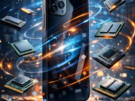 Escassez de Chips de Memória e o Dilema da Apple: Preços Sobem ou Lucro Encolhe? Ilustração de smartphone com chips de memória flutuando