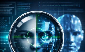 OpenAI Apresenta Serviço Frontier: Revolução na Criação de Agentes de IA Empresariais Ilustração de tecnologia com lupa e rosto digital representando análise de IA