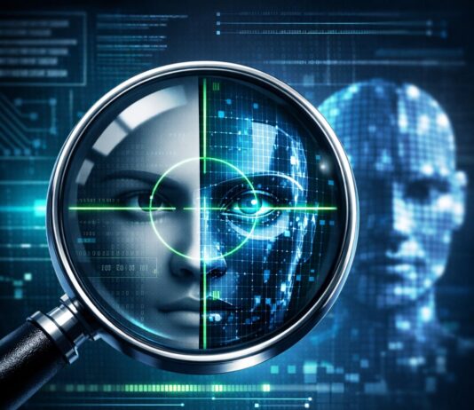 OpenAI Apresenta Serviço Frontier: Revolução na Criação de Agentes de IA Empresariais Ilustração de tecnologia com lupa e rosto digital representando análise de IA