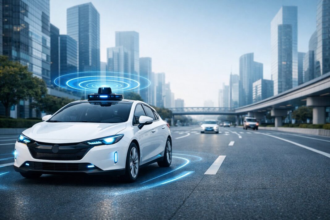 Ilustração de carro autônomo em estrada digital