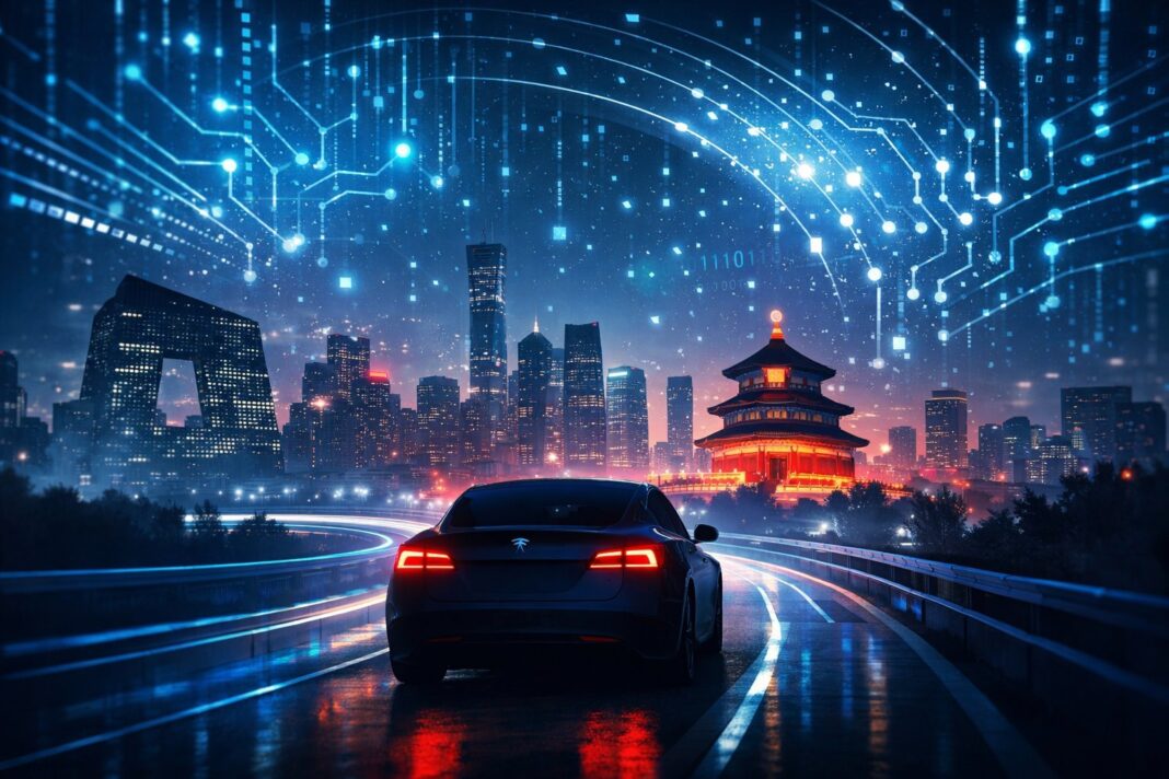 Ilustração de carro elétrico e estrada digital representando treinamento de IA da Tesla na China