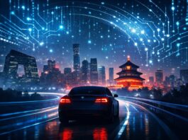 Tesla Leva Treinamento de IA para a China e Aposta em Autonomia Local Ilustração de carro elétrico e estrada digital representando treinamento de IA da Tesla na China