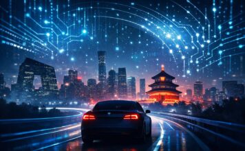 Tesla Leva Treinamento de IA para a China e Aposta em Autonomia Local Ilustração de carro elétrico e estrada digital representando treinamento de IA da Tesla na China