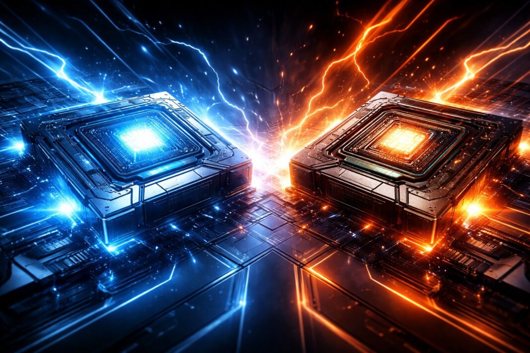 Ilustração de placas de GPU se enfrentando, representando competição Intel vs Nvidia