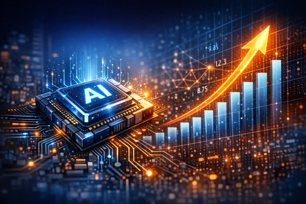 Ilustração de chip de IA e gráfico ascendente simbolizando receita recorde de AMD