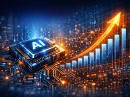 AMD Prevé Receita Recorde com Chips de IA e Enfrenta Escassez de Memória Ilustração de chip de IA e gráfico ascendente simbolizando receita recorde de AMD