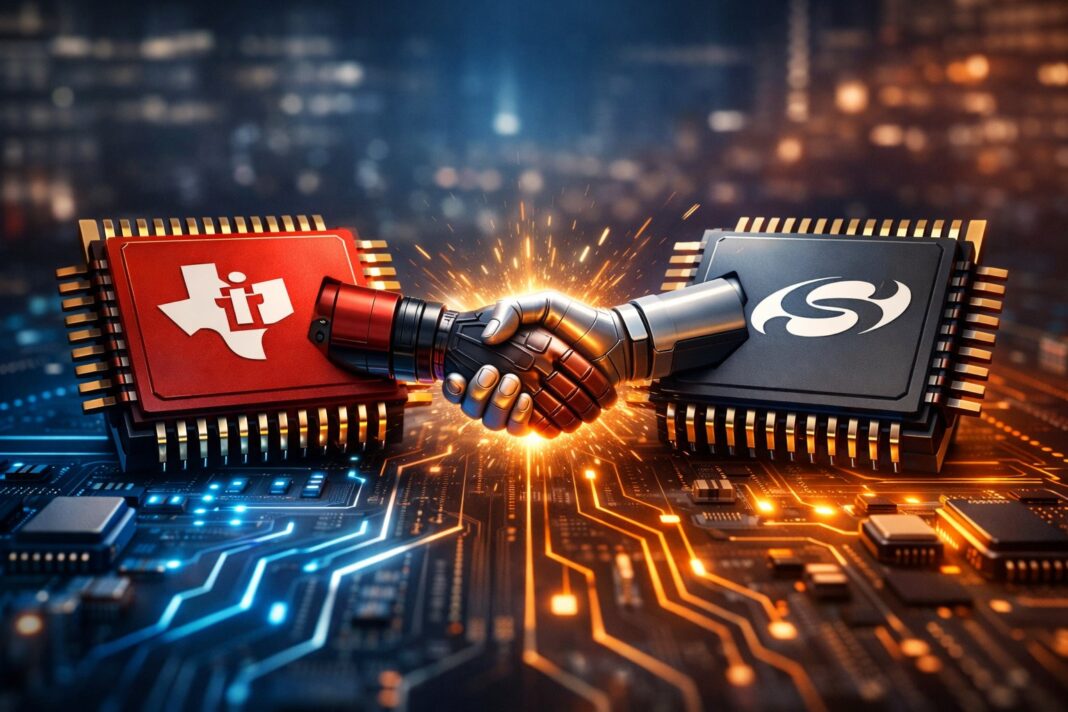 Ilustração de chips e circuito representando aquisição de empresas de tecnologia