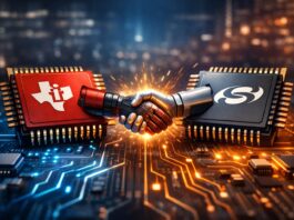 Texas Instruments Pode Comprar Silicon Labs por US$7 bilhões: Expansão em Chips de IA Ilustração de chips e circuito representando aquisição de empresas de tecnologia