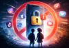 Espanha e Grécia Avaliam Banir Redes Sociais para Menores: Debate sobre Segurança Infantil Ilustração de bloqueio de redes sociais para menores com crianças diante de tela