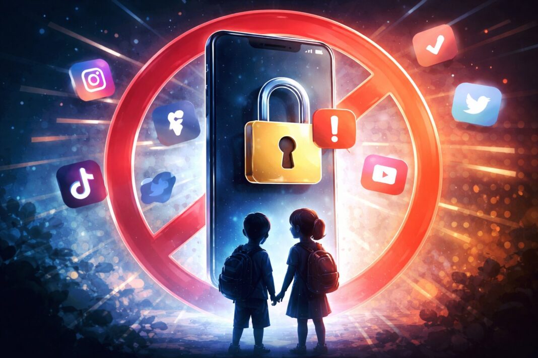 Ilustração de bloqueio de redes sociais para menores com crianças diante de tela