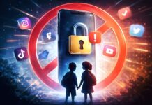 Espanha e Grécia Avaliam Banir Redes Sociais para Menores: Debate sobre Segurança Infantil Ilustração de bloqueio de redes sociais para menores com crianças diante de tela