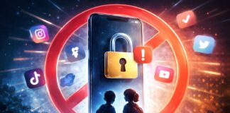 Espanha e Grécia Avaliam Banir Redes Sociais para Menores: Debate sobre Segurança Infantil Ilustração de bloqueio de redes sociais para menores com crianças diante de tela