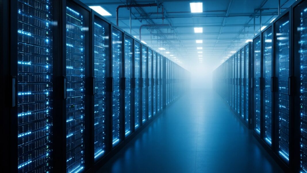 Centro de dados moderno com servidores representando o investimento da Big Tech em infraestrutura de inteligência artificial