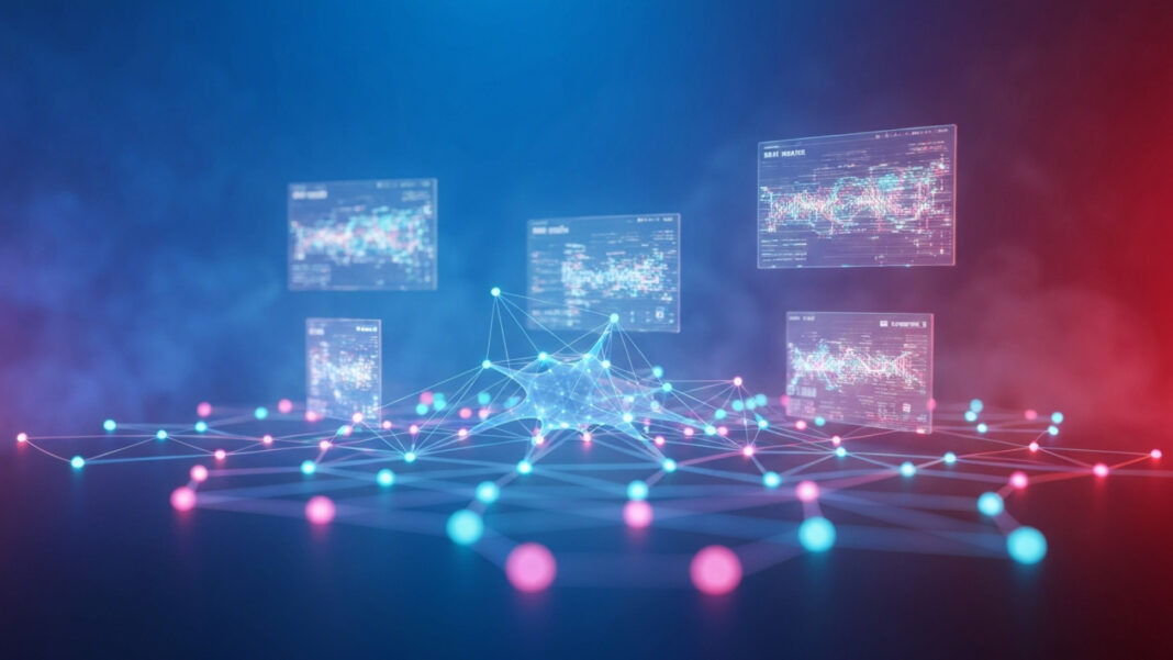 Rede neural de inteligência artificial representando a desinformação gerada por IA durante conflitos nas redes sociais