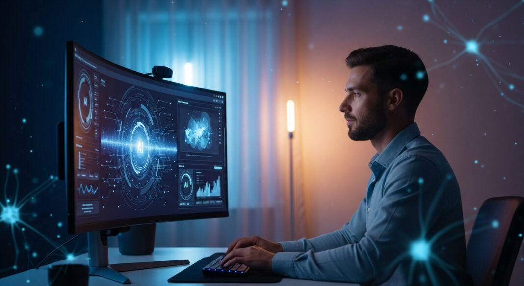 Profissional solo trabalhando com múltiplas interfaces de IA e automação
