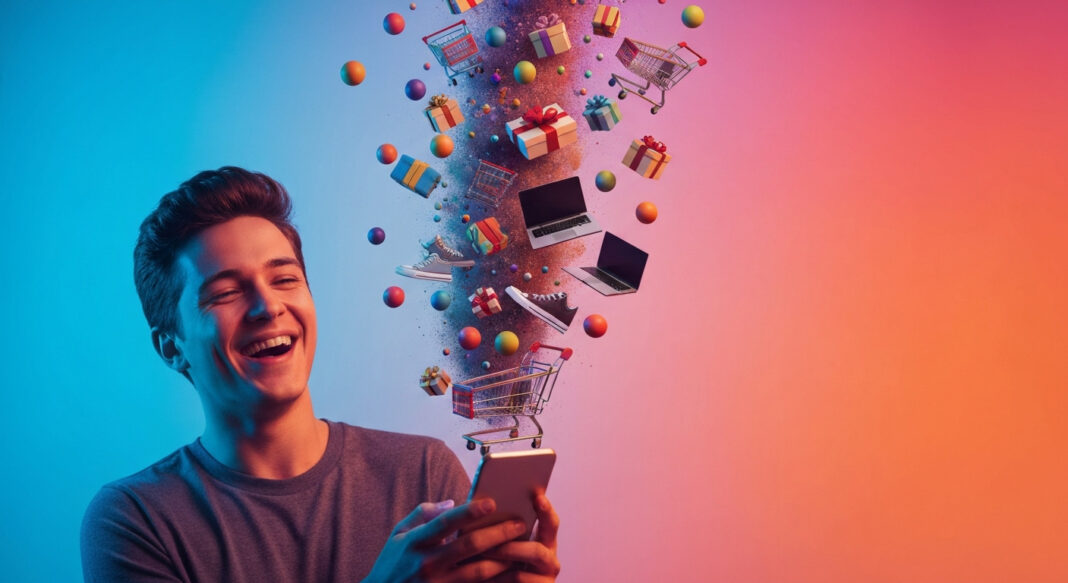 Sites de dopamina simulam compras que nunca chegam Pessoa feliz fazendo compras no celular com produtos saindo da tela, ilustrando os sites de dopamina