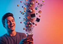 Sites de dopamina simulam compras que nunca chegam e viram tendência na Coreia do Sul Pessoa feliz fazendo compras no celular com produtos saindo da tela, ilustrando os sites de dopamina